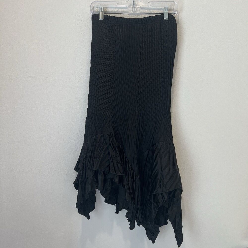 Women’s Black Crinkle Midi Skirt Medium Asymmetrical Handkerchief Witchcore